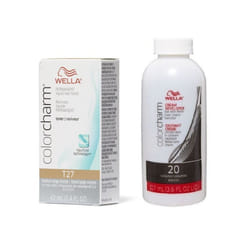 3.6oz) Wella Color Charm T28 Natural Blonde Permanent Liquid Hair Toner - T27 + Dev (Vol. 20