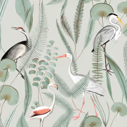 Kivu Wallpaper Muriva Birds Tropical Floral Mint Green Natural