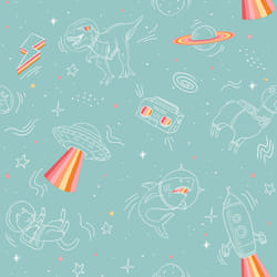 Muriva Space Animals T Rex UFO Childrens Wallpaper Turquoise M36804