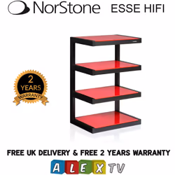 Norstone ESSE Black HiFi Rack with 4 Red Glass Shelves AV Furniture Hi-Fi Stand