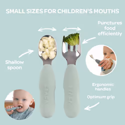 BEABA, Set of 2 Stainless Steel and Silicone Cutlery Sets, Baby Cutlery, Children's Cutlery, from 10 Months, Ergonomic Shape, Ergonomic Handle,