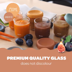 - Set of Baby Food Storage Containers - Weaning pots - Glass Conservation Jar - Colorful Lids - Graduation Measuring Scale - Heat and Freezer Shock