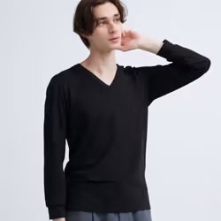 Uniqlo Japan HeaTTech CoTTon V Neck T  exTremely Warm  nighT sleeVe - 09 BLACK/M