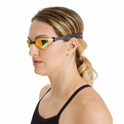 ARENA Unisex Cobra Core Swipe Anti-Fog Racing Swim Goggles for Men and Women Polycarbonate Mirror Lens  Yellow Copper/Choco