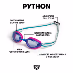 ARENA Unisex Python Racing Swim Goggles for Men and Women Anti-Fog Non-Mirror Lens Max Comfort Dual Strap  Blue/Fuchsia/Water