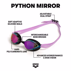ARENA Unisex Adults Python Racing Swim Goggles for Men and Women Anti-Fog Mirror Lens Max Comfort Dual Strap  Violet/Black/Violet