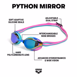 ARENA Unisex Adults Python Racing Swim Goggles for Men and Women Anti-Fog Mirror Lens Max Comfort Dual Strap  Turquoise/Water/Fuchsia