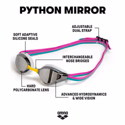 ARENA Unisex Adults Python Racing Swim Goggles for Men and Women Anti-Fog Mirror Lens Max Comfort Dual Strap  Silver/White/Fuchsia