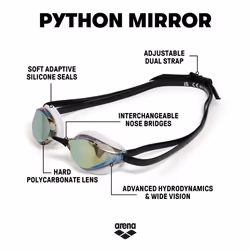 ARENA Unisex Adults Python Racing Swim Goggles for Men and Women Anti-Fog Mirror Lens Max Comfort Dual Strap  Gold/White/Black