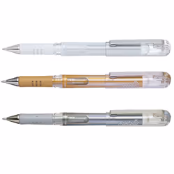 Pentel Hybrid Gel Grip DX K230 Pack of 3/3 Rollerball Gel Pens Metallic Gold and Silver 1 mm White