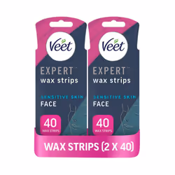 Veet Expert Cold Wax Strips, Hair Removal, Face, Sensitive Skin, 40 Strips each, 4 Finish Wipes, with Almond Oil, Pack of 2