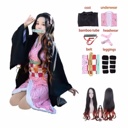 Adult Women Anime Demon Slayer Kamado Nezuko Cosplay Wig Long Curly Costume Kimono Costume Clothes Kids Girls - as the pictur ...