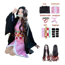 Adult Women Anime Demon Slayer Kamado Nezuko Cosplay Wig Long Curly Costume Kimono Costume Clothes Kids Girls - as the picture, 110cm
