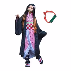 Adult Women Anime Demon Slayer Kamado Nezuko Cosplay Wig Long Curly Costume Kimono Costume Clothes Kids Girls - as the picture, 110cm