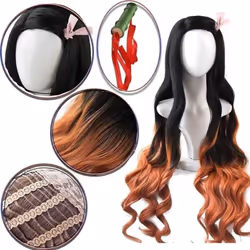 Adult Women Anime Demon Slayer Kamado Nezuko Cosplay Wig Long Curly Costume Kimono Costume Clothes Kids Girls - as the picture, 110cm