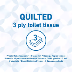 Presto! Toilet Roll, 3-ply Quilted, Velvety Soft, 18 Rolls (1 Pack of 18), 200 Sheets per Roll