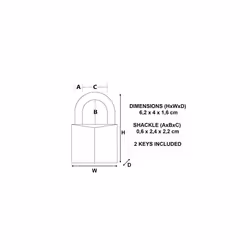 2840EURD Key Padlock with Extra Thick Solid Brass Body, Gold, 6,2 x 4 x 1,6 cm