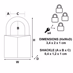 629EURQ Pack of 4 Marine Padlocks with Key, Metal, Set of 4 Pieces