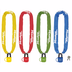 MASTER LOCK 90cm long x 6mm hardened steel chain with 40mm laminated steel padlock; assorted colours, Chain lock, Blue, Green ...
