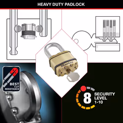 Heavy Duty Padlock, Security Level 8/10, Outdoor, Keyed, Laminated Steel / Brass Finish, Weatherproof, Standard Shackle
