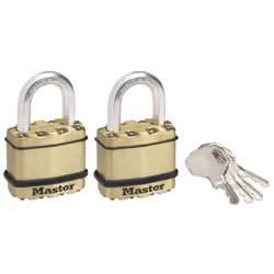 MASTER LOCK 45mm wide Excell laminated steel padlock; brass finish; 2-pack, Conventional padlock, Key lock, Keyed alike, Fenc ...