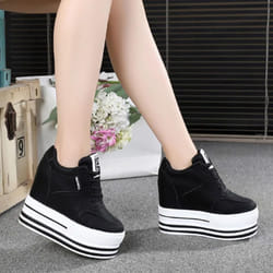 12cm Endogenous Elevation Small White Shoes Women&apos;s Thick Soled Lace Wedge Casual Sports Shoes - pink, 37