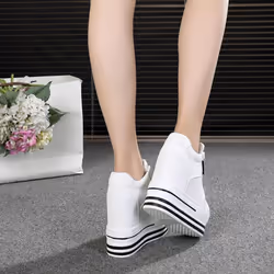12cm Endogenous Elevation Small White Shoes Women&apos;s Thick Soled Lace Wedge Casual Sports Shoes - white, 34