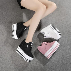 12cm Endogenous Elevation Small White Shoes Women&apos;s Thick Soled Lace Wedge Casual Sports Shoes - white, 39