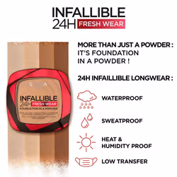 L'OrÃ©al Paris Infallible 24H Fresh Wear Foundation in a Powder, Full-coverage, Longwear, Weightless Smooth Finish, Water-proof and Transfer-proof,