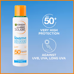 Ambre Solaire SPF 50+ Sensitive Advanced Dry Mist Sun Cream Spray, Water Resistant & Non Greasy Sunscreen, Fragrance Free, UVA & UVB Protection,