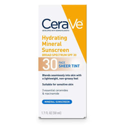 CeraVe Tinted Sunscreen with SPF 30 | Hydrating Mineral Sunscreen With Zinc Oxide & Titanium Dioxide | Sheer Tint for Healthy Glow | 1.7 Fluid Ounce