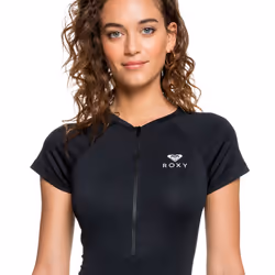 Roxy Womens Essentials Cap Sleeve UPF 50 One Piece Zip Up Swimsuit - True Black - L, True Black