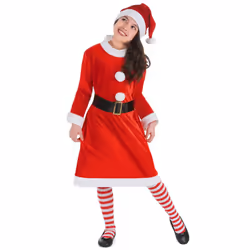 ) Mother Christmas costume with white pompoms for girls - 4 - 6 years (S