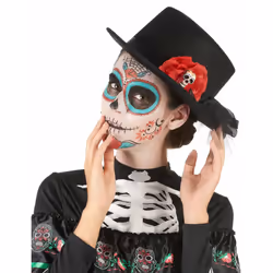 Black top hat skull red flower Dia de los muertos adult