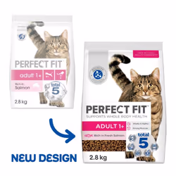 Perfect Fit Adult 1+ Complete Dry Cat Food for Adult Cats Aged 1+ Years, Rich in Salmon, 3 Bags (2.8 kg)