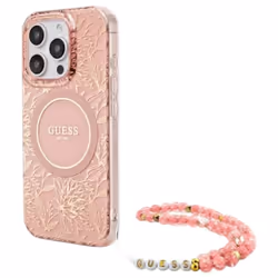 Guess IML Flowers Allover Electro and Pearl Strap Case with MagSafe for iPhone 16 Pro 6.3" Pink - GUHMP16LHCPOFPP