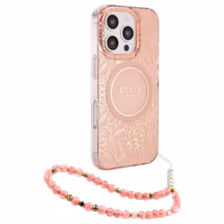 Guess IML Flowers Allover Electro and Pearl Strap Case with MagSafe for iPhone 16 Pro 6.3" Pink - GUHMP16LHCPOFPP