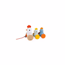 Janod - Wooden Pull Along Hen and Chicks - Pull Along Toy - Early Learning and Early Years Toys - Silent Wheels - Learning Motor Skills and Imagi