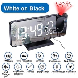 LED Digital Projection Alarm Clock Electronic Alarm Clock with Projection FM Radio Time Projector Bedroom Bedside Mute Clock - black,white