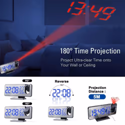 LED Digital Projection Alarm Clock Electronic Alarm Clock with Projection FM Radio Time Projector Bedroom Bedside Mute Clock - black,white