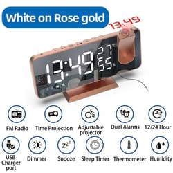 LED Digital Projection Alarm Clock Electronic Alarm Clock with Projection FM Radio Time Projector Bedroom Bedside Mute Clock - rose gold,white