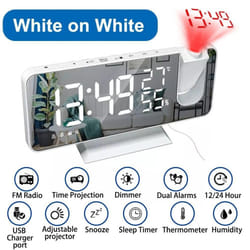 LED Digital Projection Alarm Clock Electronic Alarm Clock with Projection FM Radio Time Projector Bedroom Bedside Mute Clock - white,white