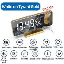 LED Digital Projection Alarm Clock Electronic Alarm Clock with Projection FM Radio Time Projector Bedroom Bedside Mute Clock - gold,white