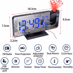 LED Digital Projection Alarm Clock Electronic Alarm Clock with Projection FM Radio Time Projector Bedroom Bedside Mute Clock - gold,white