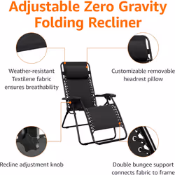 Amazon Basics Outdoor Zero Gravity Mesh Lounge Chair with Pillow, Folding Reclining and Textilene Adjustable, 90 x 66 x