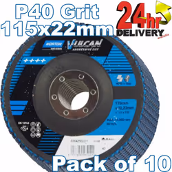 Norton Vulcan 10x Flap Discs 115x22mm P40 Grit aggressive cutting performance