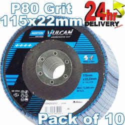 Norton Vulcan 10x Flap Discs 115x22mm P80 Grit aggressive cutting performance