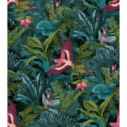 Rasch Tropical Rainforest Wallpaper Botanical Floral Birds Jungle Teal Green