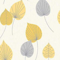 Rasch Vermont Leaf Orche Yellow Grey Glitter Textured Leaves Wallpaper 308259