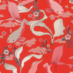 rasch Amazing 539844 Wallpaper - Non-Woven Wallpaper with Koi Carp in Rose and Plants in Grey on Red Background with Light Textile Structure - 10.05 m